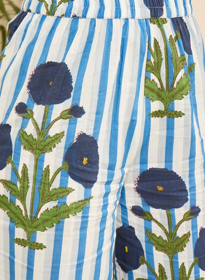 WineRed طقم نسائي قطني مطبوع بالزهور مخطط بالأبيض